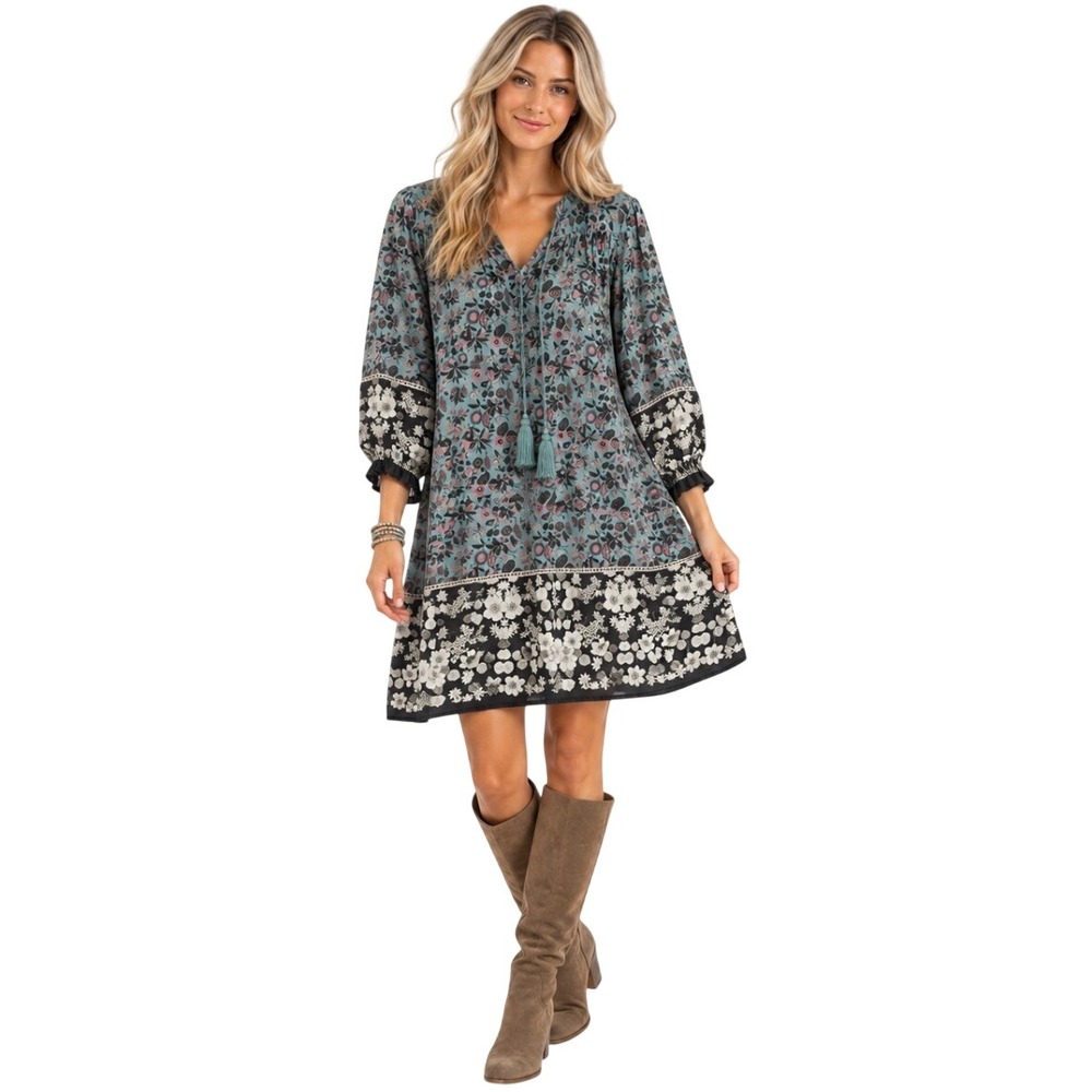 Natural Life Boho Floral Tassel Mini Dress Small Teal Black Pink